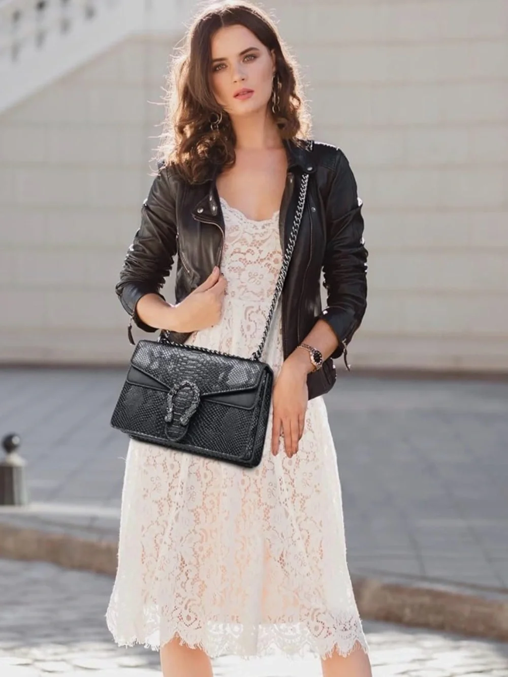 Black Crocodile leather Embossed Chain Shoulder Bag purse